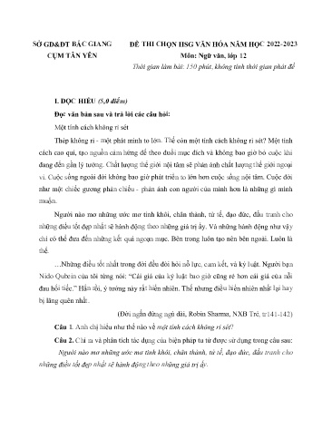 Đề thi HSG Ngữ văn 12 - Năm học 2022-2023 - Sở GD&ĐT Bắc Giang (Có đáp án)
