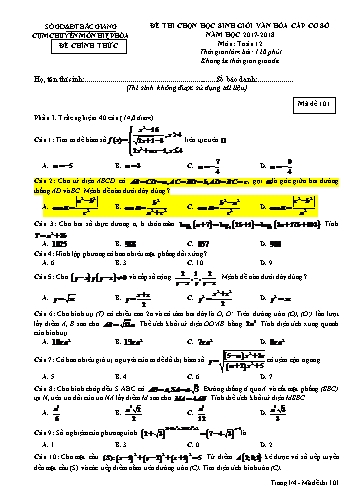 Đề thi HSG văn hóa Cấp Cơ sở Toán 12 - Mã đề 101 - Năm học 2017-2018 - Sở GD&ĐT Bắc Giang (Có đáp án)