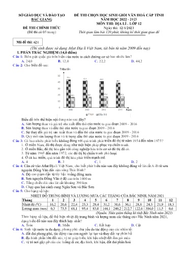 Đề thi HSG văn hóa Cấp Tỉnh Địa lí 12 - Mã đề 621 - Năm học 2022-2023 - Sở GD&ĐT Bắc Giang (Có đáp án)