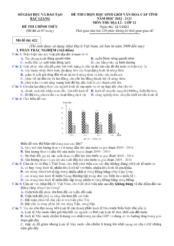 Đề thi HSG văn hóa Cấp Tỉnh Địa lí 12 - Mã đề 622 - Năm học 2022-2023 - Sở GD&ĐT Bắc Giang (Có đáp án)