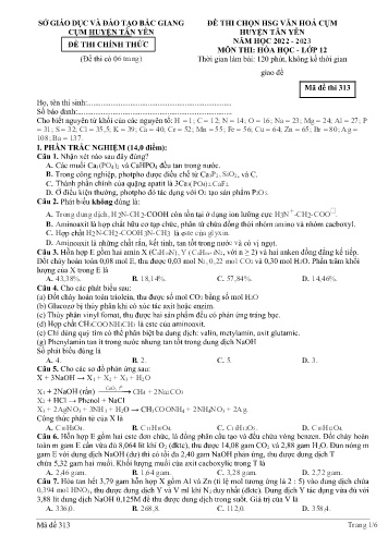 Đề thi HSG văn hóa cụm Huyện Tân Yên Hóa học 12 - Mã đề 313 - Năm học 2022-2023 - Sở GD&ĐT Bắc Giang (Có đáp án)