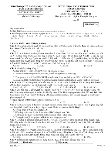 Đề thi HSG văn hóa cụm Huyện Tân Yên Hóa học 12 - Mã đề 314 - Năm học 2022-2023 - Sở GD&ĐT Bắc Giang (Có đáp án)