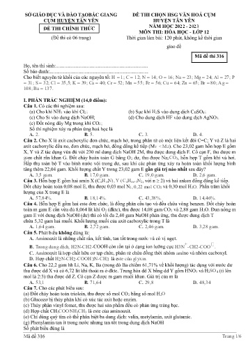 Đề thi HSG văn hóa cụm Huyện Tân Yên Hóa học 12 - Mã đề 316 - Năm học 2022-2023 - Sở GD&ĐT Bắc Giang (Có đáp án)