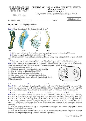 Đè thi HSG văn hóa cùm Huyện Tân Yên Sinh học 12 - Mã đề 417 - Năm học 2022-2023 - Sở GD&ĐT Bắc Giang (Có đáp án)