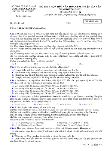 Đè thi HSG văn hóa cụm Huyện Tân Yên Sinh học 12 - Mã đề 418 - Năm học 2022-2023 - Sở GD&ĐT Bắc Giang (Có đáp án)
