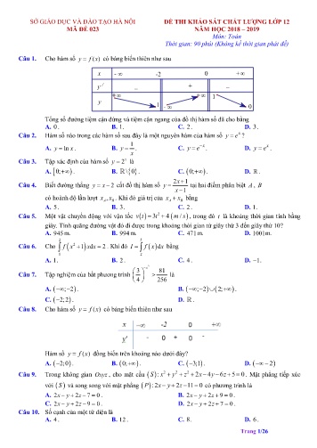 Đề thi KSCL Toán 12 - Mã đề 023 - Năm học 2018-2019 - Sở GD&ĐT Hà Nội (Có đáp án)