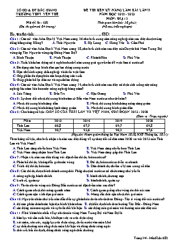Đề thi rèn kĩ năng Địa lí 12 (Lần 2) - Mã đề 682 - Năm học 2022-2023 - Trường THPT Yên Thế (Có đáp án)
