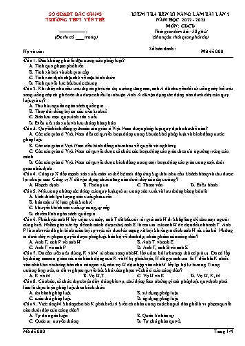 Đề thi rèn kĩ năng GDCD 12 (Lần 2) - Mã đề 000 - Năm học 2022-2023 - Trường THPT Yên Thế (Có đáp án)