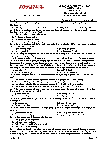 Đề thi rèn kĩ năng GDCD 12 (Lần 2) - Mã đề 102 - Năm học 2022-2023 - Trường THPT Yên Thế (Có đáp án)