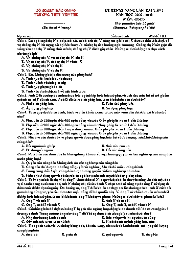 Đề thi rèn kĩ năng GDCD 12 (Lần 2) - Mã đề 103 - Năm học 2022-2023 - Trường THPT Yên Thế (Có đáp án)