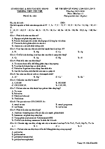 Đề thi rèn kĩ năng Hóa học 12 (Lần 2) - Mã đề 683 - Năm học 2022-2023 - Trường THPT Yên Thế (Có đáp án)