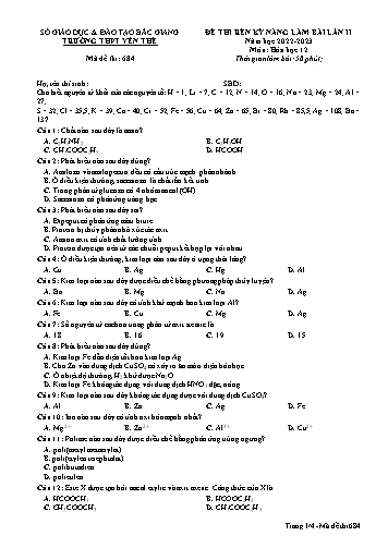 Đề thi rèn kĩ năng Hóa học 12 (Lần 2) - Mã đề 684 - Năm học 2022-2023 - Trường THPT Yên Thế (Có đáp án)