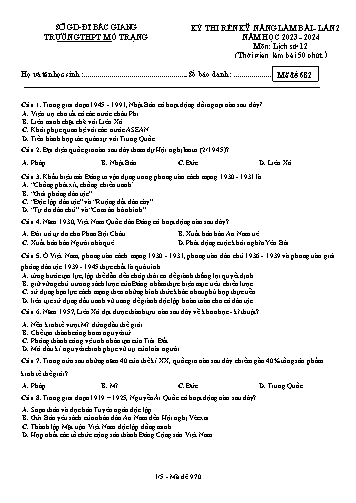 Đề thi rèn kĩ năng làm bài Lịch sử 12 (Lần 2) - Mã đề 682 - Năm học 2023-2024 - Trường THPT Mỏ Trạng (Có đáp án)