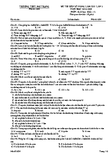 Đề thi rèn kĩ năng làm bài Sinh học 12 (Lần 2) - Mã đề 684 - Năm học 2023-2024 - Trường THPT Mỏ Trạng (Có đáp án)