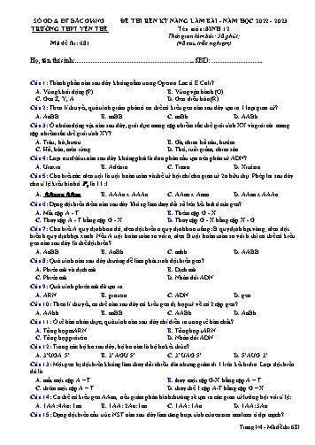 Đề thi rèn kĩ năng làm bài Sinh học 12 - Mã đề 681 - Năm học 2022-2023 - Trường THPT Yên Thế (Có đáp án)