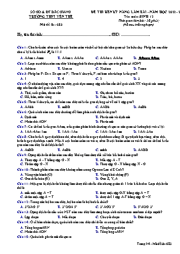 Đề thi rèn kĩ năng làm bài Sinh học 12 - Mã đề 683 - Năm học 2022-2023 - Trường THPT Yên Thế (Có đáp án)