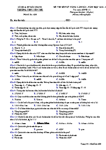 Đề thi rèn kĩ năng làm bài Sinh học 12 - Mã đề 684 - Năm học 2022-2023 - Trường THPT Yên Thế (Có đáp án)