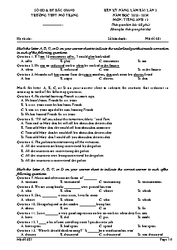 Đề thi rèn kĩ năng làm bài Tiếng Anh 12 (Lần 2) - Mã đề 681 - Năm học 2023-2024 - Trường THPT Mỏ Trạng (Có đáp án)