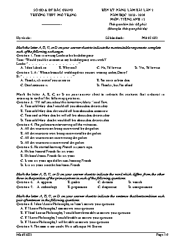 Đề thi rèn kĩ năng làm bài Tiếng Anh 12 (Lần 2) - Mã đề 682 - Năm học 2023-2024 - Trường THPT Mỏ Trạng (Có đáp án)
