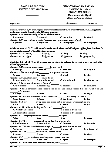 Đề thi rèn kĩ năng làm bài Tiếng Anh 12 (Lần 2) - Mã đề 683 - Năm học 2023-2024 - Trường THPT Mỏ Trạng (Có đáp án)