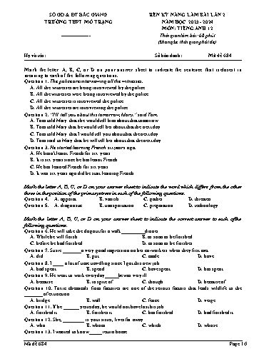 Đề thi rèn kĩ năng làm bài Tiếng Anh 12 (Lần 2) - Mã đề 684 - Năm học 2023-2024 - Trường THPT Mỏ Trạng (Có đáp án)