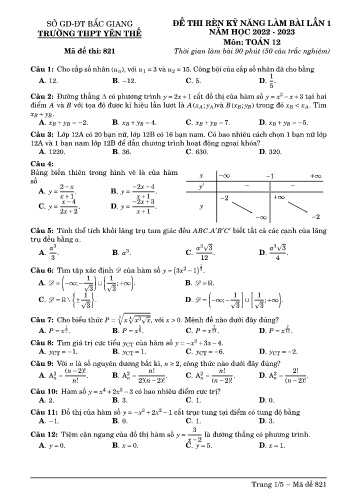 Đề thi rèn kĩ năng làm bài Toán 12 (Lần 1) - Mã đề 821 - Năm học 2022-2023 - Trường THPT Yên Thế (Có đáp án)
