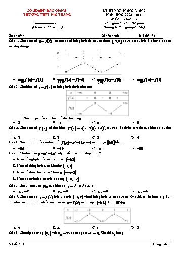 Đề thi rèn kĩ năng làm bài Toán 12 (Lần 2) - Mã đề 681 - Năm học 2023-2024 - Trường THPT Mỏ Trạng (Có đáp án)
