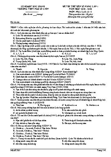 Đề thi rèn kĩ năng Lịch sử 12 (Lần 1) - Mã đề 501 - Năm học 2024-2025 - Trường THPT Ngô Sĩ Liên (Có đáp án + Ma trận)