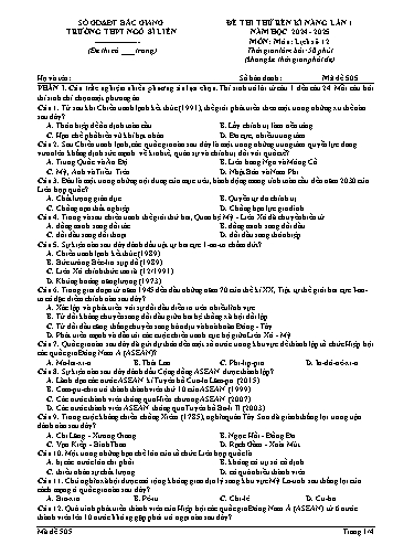 Đề thi rèn kĩ năng Lịch sử 12 (Lần 1) - Mã đề 505 - Năm học 2024-2025 - Trường THPT Ngô Sĩ Liên (Có đáp án + Ma trận)