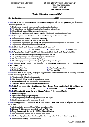 Đề thi rèn kĩ năng Lịch sử 12 (Lần 1) - Mã đề 681 - Năm học 2022-2023 - Trường THPT Yên Thế (Có đáp án)
