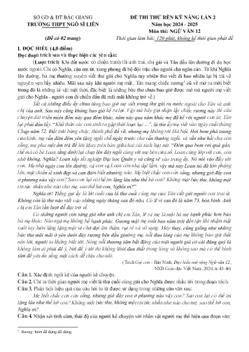 Đề thi rèn kĩ năng Ngữ văn 12 (Lần 2) - Năm học 2024-2025 - Trường THPT Ngô Sĩ Liên (Có đáp án)