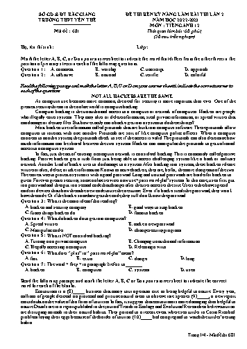 Đề thi rèn kĩ năng Tiếng Anh 12 (Lần 2) - Mã đề 681 - Năm học 2022-2023 - Trường THPT Yên Thế (Có đáp án)