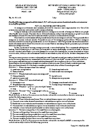 Đề thi rèn kĩ năng Tiếng Anh 12 (Lần 2) - Mã đề 684 - Năm học 2022-2023 - Trường THPT Yên Thế (Có đáp án)