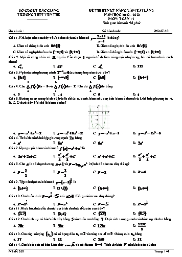 Đề thi rèn kĩ năng Toán 12 (Lần 2) - Mã đề 681 - Năm học 2022-2023 - Trường THPT Yên Thế (Có đáp án + Ma trận)