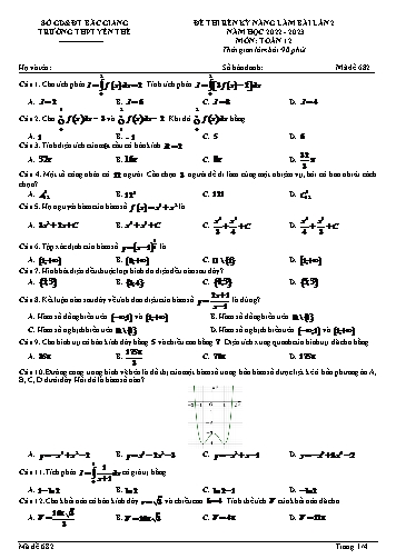Đề thi rèn kĩ năng Toán 12 (Lần 2) - Mã đề 682 - Năm học 2022-2023 - Trường THPT Yên Thế (Có đáp án + Ma trận)