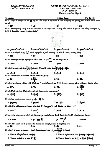 Đề thi rèn kĩ năng Toán 12 (Lần 2) - Mã đề 684 - Năm học 2022-2023 - Trường THPT Yên Thế (Có đáp án + Ma trận)