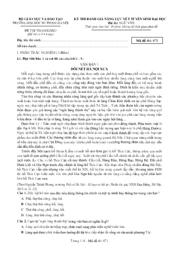 Đề thi tham khảo đánh giá năng lực Ngữ văn 12 - Mã đề 071 - Trường Đại học Sư phạm Hà Nội