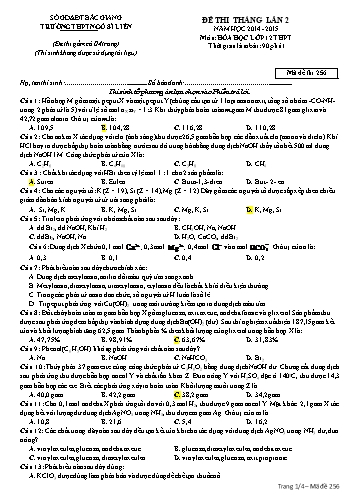 Đề thi tháng Hóa học 12 (Lần 2) - Mã đề 256 - Năm học 2014-2015 - Trường THPT Ngô Sĩ Liên (Có đáp án)