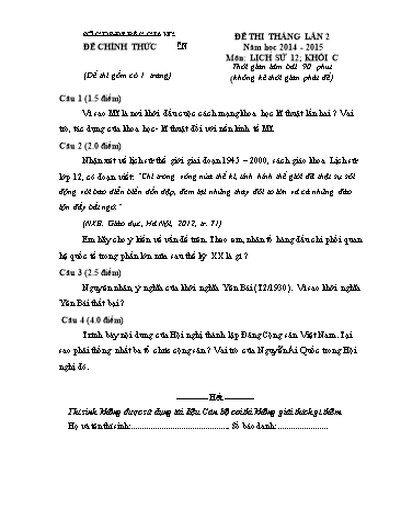 Đề thi tháng Lịch sử 12 (Lần 2) - Năm học 2014-2015 - Sở GD&ĐT Bắc Giang (Có đáp án + Ma trận)