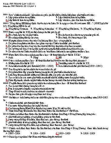 Đề thi tháng Lịch sử Lớp 12 lần 2 (Có đáp án)
