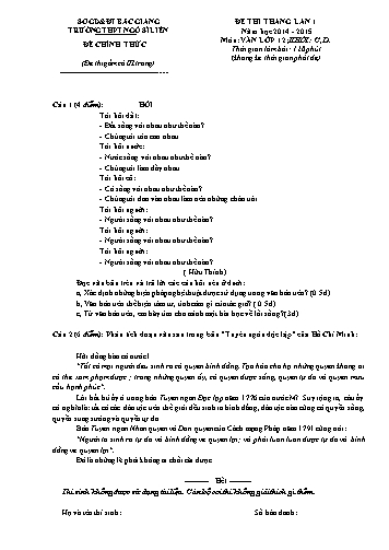 Đề thi tháng Ngữ văn 12 (Lần 1) - Năm học 2014-2015 - Trường THPT Ngô Sĩ Liên (Có đáp án)