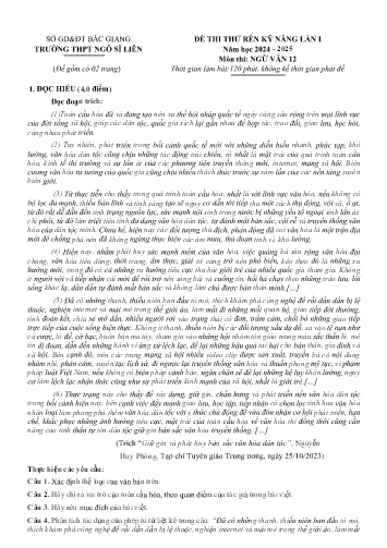 Đề thi tháng Ngữ văn 12 (Lần 1) - Năm học 2024-2025 - Trường THPT Ngô Sĩ Liên (Có đáp án + Ma trận)