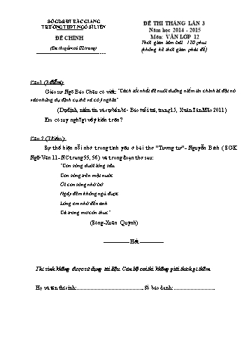 Đề thi tháng Ngữ văn 12 (Lần 3) - Năm học 2014-2015 - Trường THPT Ngô Sĩ Liên (Có đáp án)