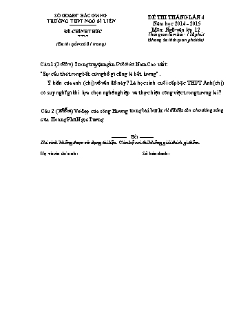 Đề thi tháng Ngữ văn 12 (Lần 4) - Năm học 2014-2015 - Trường THPT Ngô Sĩ Liên (Có đáp án)
