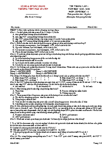 Đề thi tháng Sinh học 12 (Lần 1) - Mã đề 401 - Năm học 2024-2025 - Trường THPT Ngô Sĩ Liên (Có đáp án)