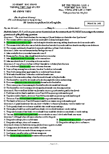 Đề thi tháng Tiếng Anh 12 (Lần 4) - Mã đề 345 - Năm học 2014-2015 - Trường THPT Ngô Sĩ Liên (Có đáp án)