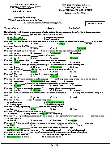 Đề thi tháng Tiếng Anh 12 (Lần 4) - Mã đề 567 - Năm học 2014-2015 - Trường THPT Ngô Sĩ Liên (Có đáp án)