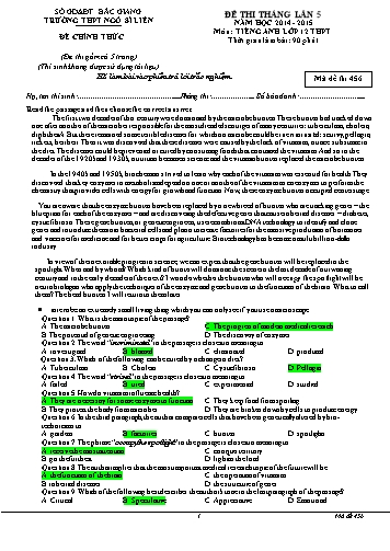 Đề thi tháng Tiếng Anh 12 (Lần 5) - Mã đề 456 - Năm học 2014-2015 - Trường THPT Ngô Sĩ Liên (Có đáp án)