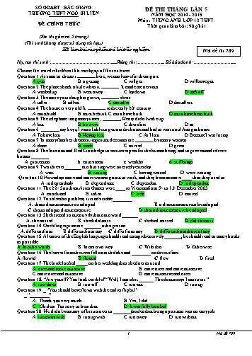Đề thi tháng Tiếng Anh 12 (Lần 5) - Mã đề 789 - Năm học 2014-2015 - Trường THPT Ngô Sĩ Liên (Có đáp án)