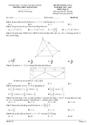 Đề thi tháng Toán 12 (Lần 1) - Mã đề 101 - Năm học 2022-2023 - Trường THPT Ngô Sĩ Liên